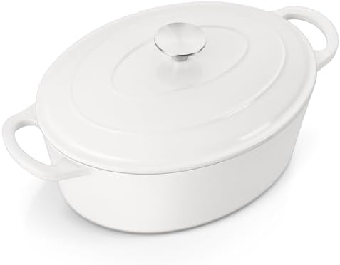 E-far 7QT Oval Dutch Oven Pot with Lid, White Enameled Cast Iron Dutch Oven by E-far