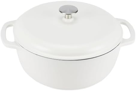 Amazon Basics Enameled Cast Iron Dutch Oven Pot With Lid, 7.3-Quart, Round, Dual Handles, Heavy-Duty, Oven Safe for Stews, Roasting & Baking, Matte White by AmazonBasics