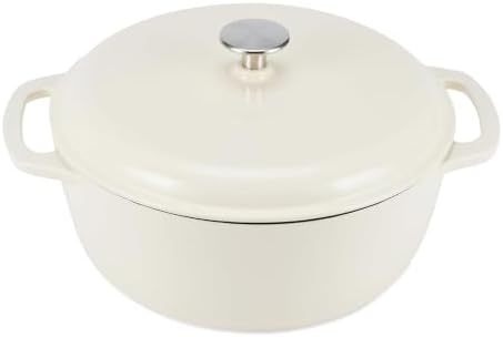 Amazon Basics Enameled Cast Iron Dutch Oven Pot With Lid, 7.3-Quart, Round, Dual Handles, Heavy-Duty, Oven Safe for Stews, Roasting & Baking, White by AmazonBasics