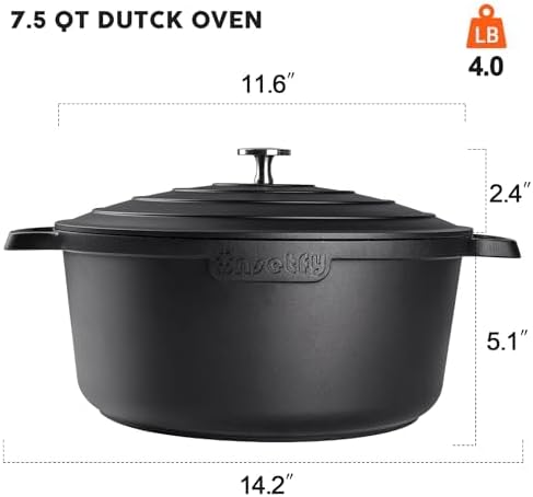 Large Dutch Oven Pot with Lid-7.5QT Cast Aluminum Oven Pot with Two Handles Lightweight for Bread Baking Braising and Roasting(Black) - Image 2