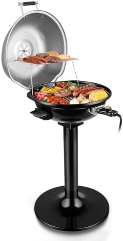 Electric Grill, Techwood Indoor/Outdoor Electric BBQ Grill, 1600W Portable Removable Stand Grill with Adjustable Heat & Drip Tray, Double Layer Design for Party, Patio & Backyard, Dust Cover(Silver) by Techwood