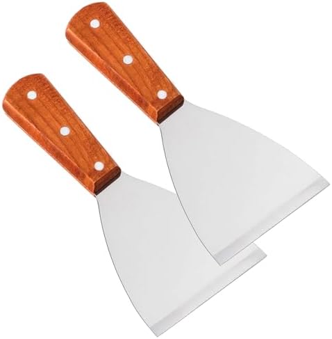 Premium Stainless Steel Slant Edge Grill Scrapers Wood Handle for Barbecue Cooking 2 Pack by RJWKAZ