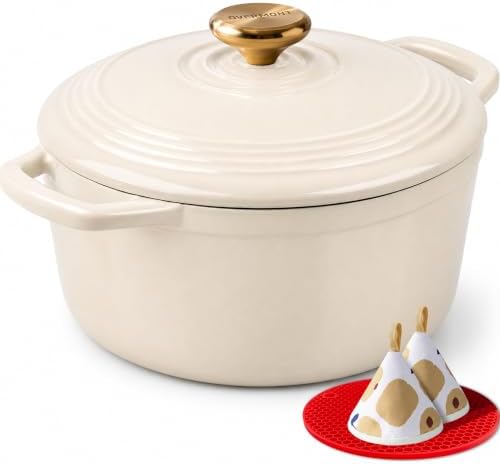 Overmont Enameled Cast Iron Dutch Oven - 5.5QT Pot with Lid Cookbook & Cotton Potholders - Heavy-Duty Cookware for Braising, Stews, Roasting, Sourdough Baking White by Overmont
