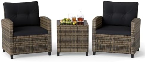 Tangkula 3 Piece Patio Furniture Set, Rattan Conversation Set w/Soft Seat & Back Cushions, Tempered Glass Topped Coffee Table, Cushioned Wicker Seating Set for Backyard, Porch, Poolside by TANGKULA