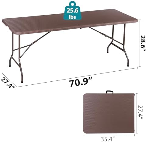 SUPER DEAL 6FT Folding Table for Indoor Outdoor, Portable Heavy Duty Fold-in-Half Plastic Dining Picnic Party Camping Table with Carrying Handle, Brown - Image 3