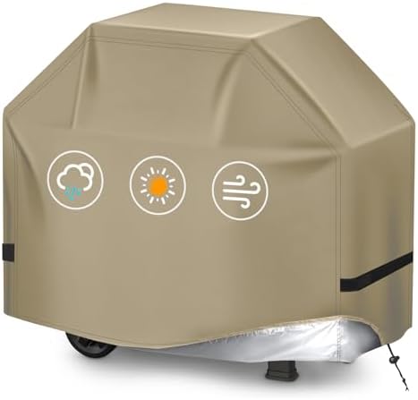 BBQ Gas Grill Cover for Outdoor, Anti-UV, Rip-Proof, 600D Oxford Fade Resistant Material, Barbecue Cover with Hook and Loop Straps & Adjustable Hem Drawstring (Beige, 60”x24”x44”) by TIAOFY