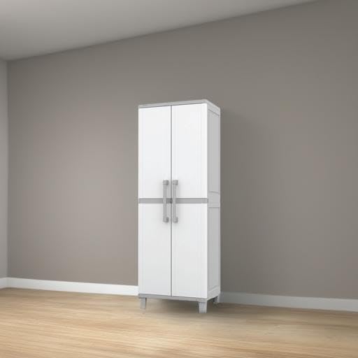 Keter Storage Cabinet with Doors and Shelves for Laundry Room, Garage, Bathroom Accessories, Closet and Home Organization, White & Grey - Image 7