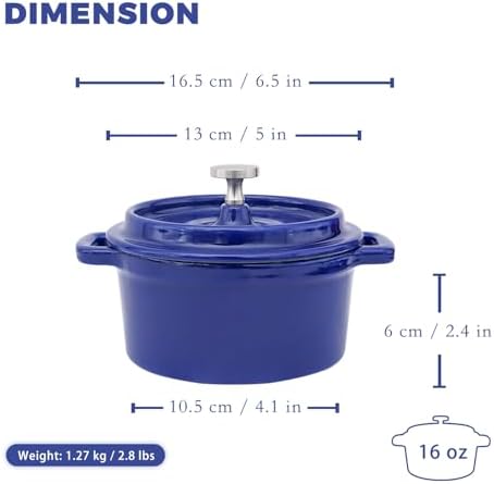 Flavehc Mini Cocotte 16 oz Mini Dutch Oven 0.5 qt. Cast Iron Garlic Roaster for Oven Garlic Confit Pot Ramekins with Lids Oven Safe Set of 2, Blue - Image 3