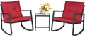 SUNCROWN 3 Piece Outdoor Rocking Bistro Set Black Wicker Furniture Porch Chairs Conversation Sets with Glass Coffee Table, Red by HOME
