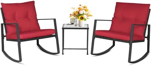 SUNCROWN 3 Piece Outdoor Rocking Bistro Set Black Wicker Furniture Porch Chairs Conversation Sets with Glass Coffee Table, Red by HOME