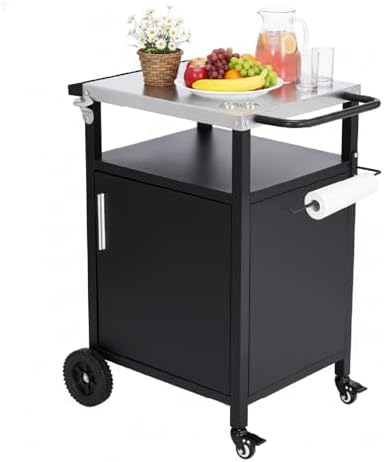 VINGLI Outdoor Grill Table Cart with Cabinet, Stainless Steel Movable Kitchen Island with Large Storage Cabinet, Multifunction Food Prep Table with Bottle Opener and Seasoning Tray, for Patio, Home by VINGLI