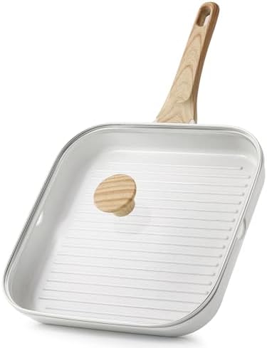 SENSARTE Nonstick Ceramic Grill Pan with Lid, Versatile Square Grilling Pan with Pour Spouts, Durable Grill Skillet for All Stoves(Gas,Electric,Induction) Non Toxic-PTFE,PFAS,PFOA Free, 9.5 Inch by SENSARTE