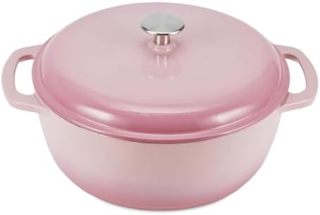Amazon Basics Enameled Cast Iron Dutch Oven Pot With Lid, 6-Quart, Round, Dual Handles, Heavy-Duty, Oven Safe for Stews, Roasting & Baking, Light Pink by AmazonBasics