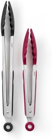 Tovolo Stainless Steel Tongs with Silicone Tip Set 9" 12" with Easy Lock Mechanism for Grilling Air Fryer Cooking Serving Salad, Heat Resistant Silicone Tipped Kitchen Tongs Sangria Red Black by Tovolo