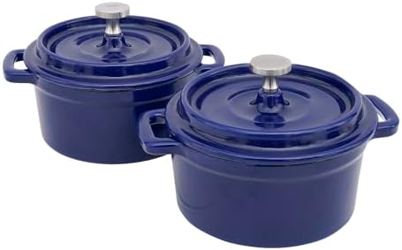 Flavehc Mini Cocotte 16 oz Mini Dutch Oven 0.5 qt. Cast Iron Garlic Roaster for Oven Garlic Confit Pot Ramekins with Lids Oven Safe Set of 2, Blue by FLAVEHC