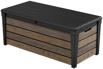 Keter Signature Collection 120 Gallon Resin Deck Box Organization and Storage Box for Patio Outdoor Cushions, Throw Pillows, Garden Tools and Pool Supplies, Walnut by Unknown