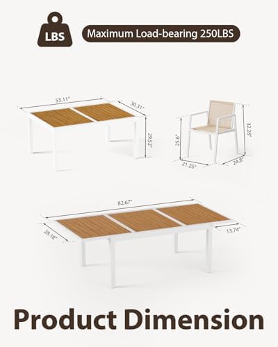 ZANDOR Expandable Outdoor Dining Set for 4-6-8,Patio Table and Chairs Set with Wood Top for Garden,Backyard,Porch,55"-82.7" Extendable Aluminum Outdoor Table Set with 8 Chairs,White - Image 4