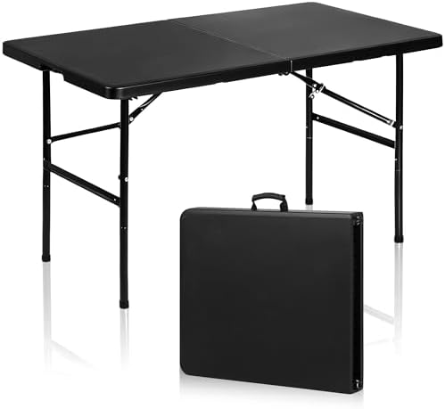 SUPER DEAL Portable 4 Foot Plastic Folding Table, Indoor Outdoor Heavy Duty Fold-in-Half Picnic Party Camping Barbecues Table with Carrying Handle, Black by Superdeal
