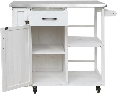 Outdoor Kitchen Island Cart with Stainless Steel Top, Rolling Grill Table with Storage Cabinet Drawer Shelves and Towel Rack, Wooden BBQ Prep Station with Lockable Wheels for Patio Backyard, White - Image 4