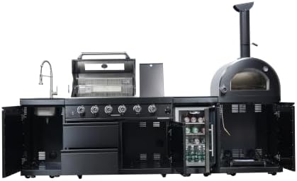 112" Outdoor Kitchen Island, 4-Burner Propane Grill, Pizza Oven, Black - Image 5
