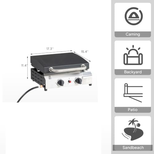 ROVSUN 2 Burner Portable Propane Griddle with Ignition, 20,000 BTU Tabletop Flat Top Gas Grill with Enameled Tray & Lid for Outdoor Cooking Camping BBQ Tailgating Picnicking - Image 5