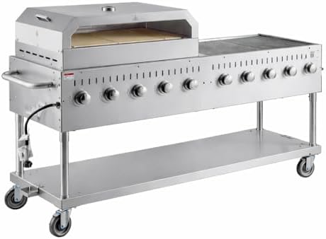 Commercial Stainless Steel Outdoor Liquid Propane Grill with Pizza Oven Attachment, 72" Cooking Surface, 10 Burners, 160,000 BTU, for Restaurant Patio, Resort, Catering, Outdoor Kitchen, Hotel by Krollen+Industrial