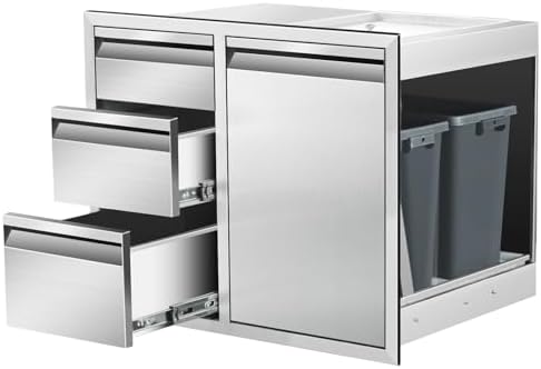 Outdoor Kitchen Door Drawer Combo Cabinet, 28" x 22" x 19.5" Right Trash Drawer Combo Cabinet & Built-in Triple Drawers for Patio Grill Station, Outdoor Kitchen Island by Unknown