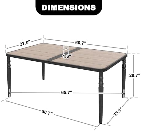 NUU GARDEN Patio Dining Table for 6, 61” x 37” Large Rectangle Metal Table with Wood-Grain Tabletop, Outdoor Table with 2.1” Umbrella Hole for Backyard, Lawn, Garden, Black - Image 3