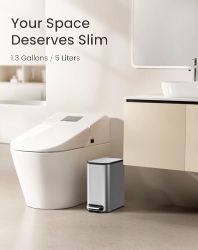 Cesun Small Bathroom Trash Can with Lid Soft Close & Pedal, 1.3 Gal, Silver - Image 2
