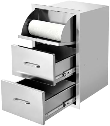 Outdoor Kitchen Drawers, 3-Drawer 304 Stainless Steel BBQ Storage Cabinet with Paper Towel Holder, Flush-Mount Drawer Cabinet for Grill Station, Patio Kitchen, RV and BBQ Island, 17"W x 30"H x 21"D by Unknown