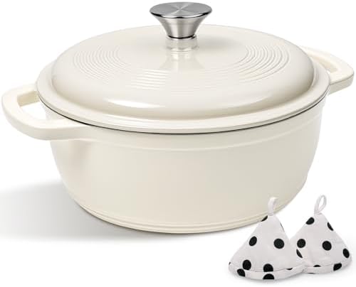 Enameled Cast Iron Dutch Oven Pot With Lid - AIVIKI 5QT Dutch Oven for Bread Baking With Cotton Potholders - Heavy-Duty Cookware for Braising, Stew, Roasting, Oven Safe up to 500°F, Cream White by AIVIKI