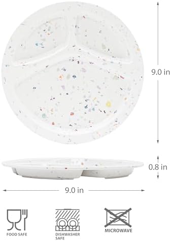 Bzyoo 9-Inch Melamine Divided Plates – 3-Section Portion Control Plates, Food Safe & Durable, Lightweight & Unbreakable, Reusable Tableware for Kids, Big Kids & Everyday Meals, Confetti White - Image 6