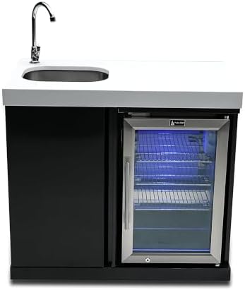 Mont Alpi Premium 38"W x 23"D x 46"H Black Stainless Steel Outdoor Beverage Center Module with 2.7 Cu. Ft. Glass Door Refrigerator + Faucet & Sink Combo + Storage Cabinet + White Granite Countertops by MontAlpi