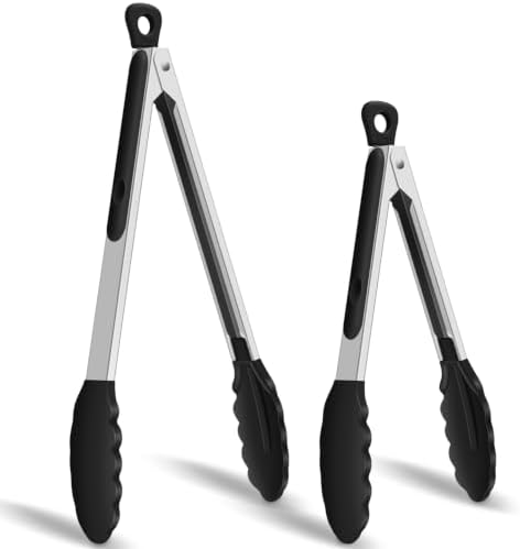 HOTEC Stainless Steel Kitchen Tongs with Silicone Tips, Set of 2-9" and 12" by Hotec