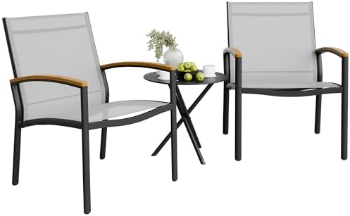 Shintenchi 3 Pieces Patio Bistro Sets, Outdoor Textilene Fabric Conversation Bistro Set, Textilene Fabric Front Porch Chairs Small Patio Furniture Set with Table for Lawn,Garden,Balcony (Grey) by Shintenchi%7CFurnitureMadeforRealLife