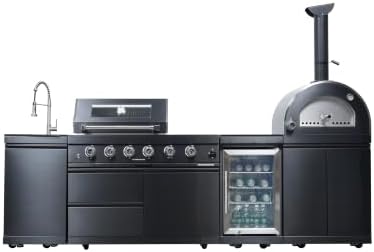 112" Outdoor Kitchen Island, 4-Burner Propane Grill, Pizza Oven, Black - Image 4