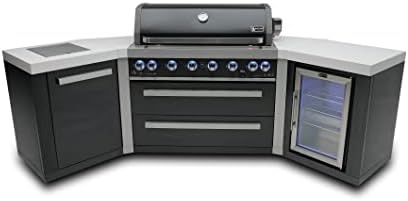 Mont Alpi Premium 110"W Black Stainless Steel U-shaped Outdoor Kitchen Island with Refrigerator + 44"W 6-Burner BBQ Gas Grill + Side Burner + Granite Countertops + Storage + Rotisserie Kit + Cover by MontAlpi