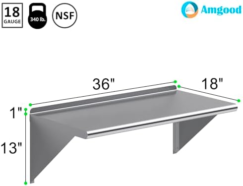 AmGood 18 in. x 36 in. Stainless Steel Wall Shelf with Backsplash - Holds 340 lbs - NSF 18-Gauge, Bullnose Edge | Commercial Heavy-Duty Microwave & Equipment Shelf - Image 3