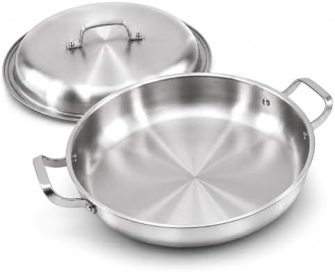 DELARLO 16 Inch Stainless Steel Paella Pan with Lid, 5-Ply Fully Clad,Jumbo Frying Pan for 12-14 Servings, PFOA & PTFE Free Skillet for Gas Stove, Great for Paella Parties Indoors Outdoors by DELARLOCOOKWARE