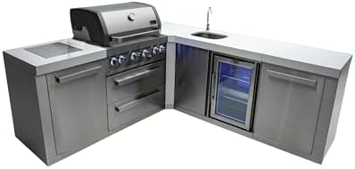 Mont Alpi Premium 82"W x 88"D Stainless Steel L-shaped Modular Outdoor Kitchen Island with Refrigerator Faucet and Sink + 32"W 4-Burner BBQ Gas Grill + Granite Countertops + Storage Cabinets + Drawers by MontAlpi