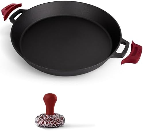 Cuisinel Cast Iron Skillet + Chainmail Scrubber Cleaner - 17"-Inch Dual Handle Braiser Frying Pan + Silicone Handle Covers - Pre-Seasoned Oven, Grill, BBQ, Stovetop, Fire Cookware - Indoor/Outdoor Use by Cuisinel