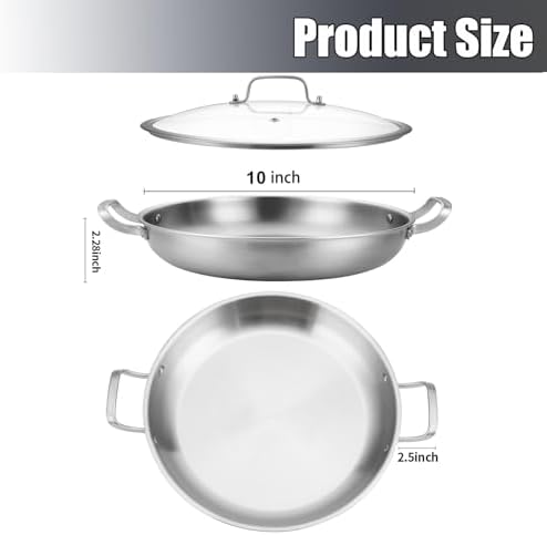 DELARLO 10 Inch Tri-Ply Stainless Steel Paella Pan with Lid, Large Induction Skillet & Jumbo Frying Pan, Heavy Duty Cookware for Paella Parties, Indoor & Outdoor Use - Image 2