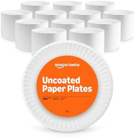 Amazon Basics 9" Uncoated White Paper Plates, Microwave Safe, Commercially Compostable, 1200 Count (Pack of 12) by AmazonBasics