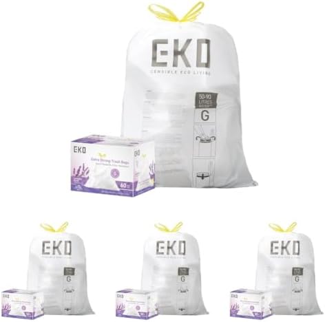 EKO 21 Gallon / 50-90 Liter, Drawstring Trash Bags, Extra-Strong Garbage Bags,Lavender Scent with Continuous Odor Control, Easy-Dispense Roll -Kitchen&Household Use,CodeG, White 60 Count (Pack of 4) by Unknown