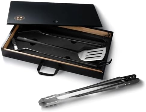 Schmidt Brothers - BBQ Carbon 6, 4-Piece Grilling Accessory Set, Full-Forged Stainless Steel Grilling Utensils Including Spatula, Fork, Basting Brush, and Tongs with All Wood Handles by SCHMIDTBROS