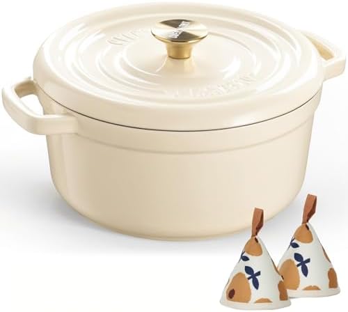 Overmont Enameled Cast Iron Dutch Oven - 5QT Pot with Lid Recipe Potholders by Overmont