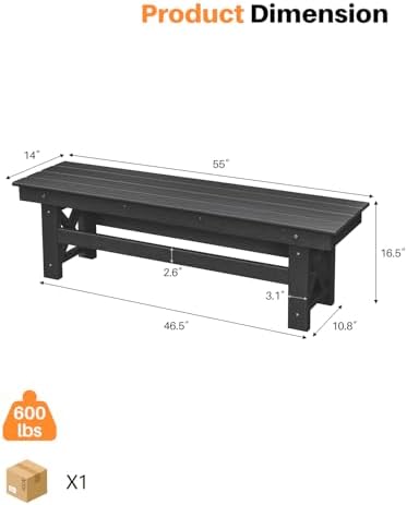 HDPE Outdoor Bench, 55" Patio Bench Outdoor Furniture, Poly Lumber Adirondack Benches, Fade-Resistant HDPE Garden Backless Benches for Park, Poolside, Garden, Porch, Obsidian - Image 3