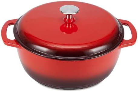 Amazon Basics Enameled Cast Iron Dutch Oven Pot With Lid, 4.3-Quart, Round, Dual Handles, Heavy-Duty, Oven Safe for Stews, Roasting & Baking, Red by AmazonBasics