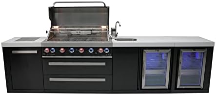 Mont Alpi 132"W x 23"D x 46"H Black Stainless Steel Modular Outdoor Kitchen Island + 2 Refrigerators + Beverage Center Faucet & Sink + 44"W 6-Burner BBQ Grill + Granite Countertops + Storage + Cover - Image 6