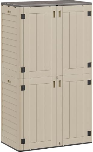 YITAHOME 60 cuft Vertical Outdoor Storage Shed w/o Shelf, Large Waterproof Storage Cabinet for Garden Shed, Tall Outdoor Storage Shed for Garage, Pool Storage, Resin, Lockable, Khaki & Brown by YITAHOME